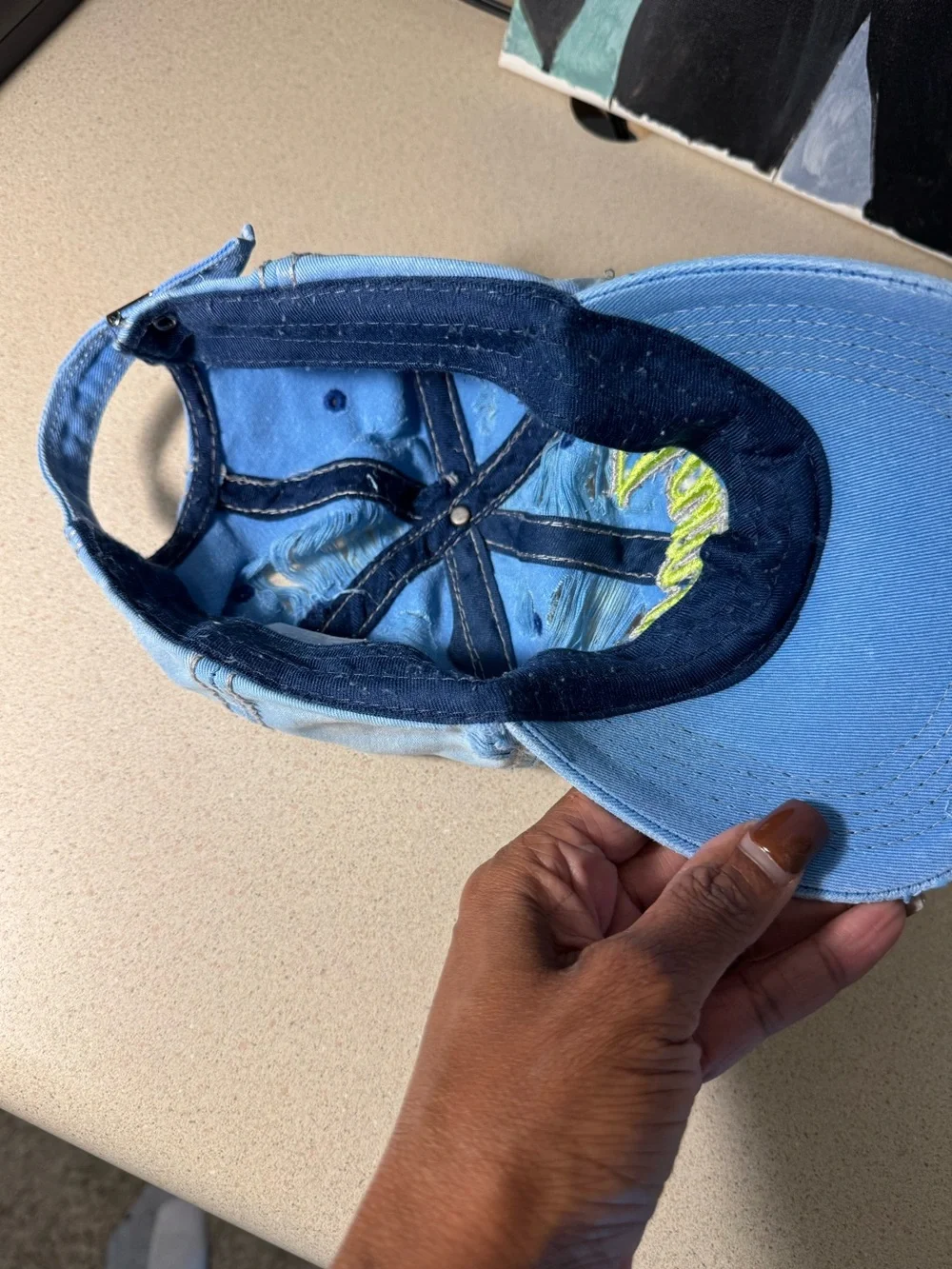 Light Blue Distressed Denim Baseball Cap with Yellow Jamaica Script | Unisex